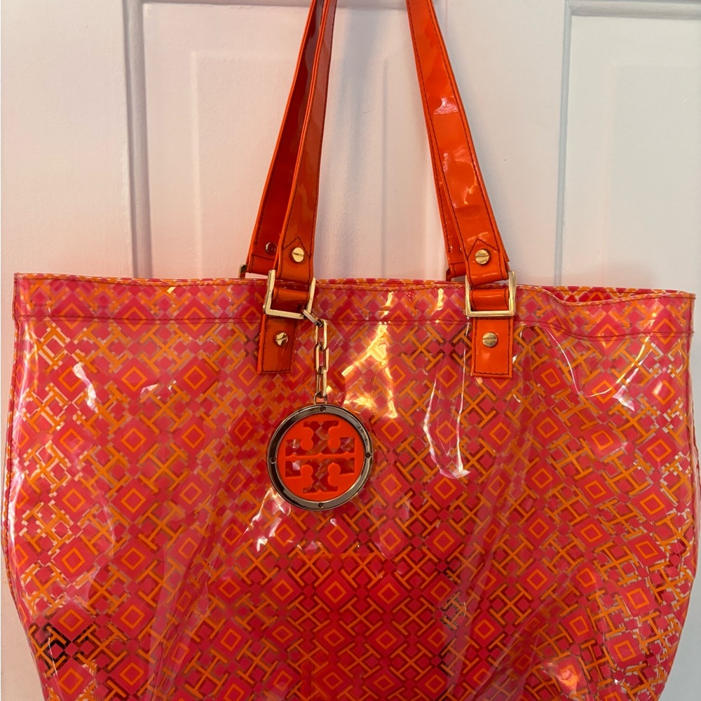 Tory Burch Orange Tote Bag with Geometric Pattern